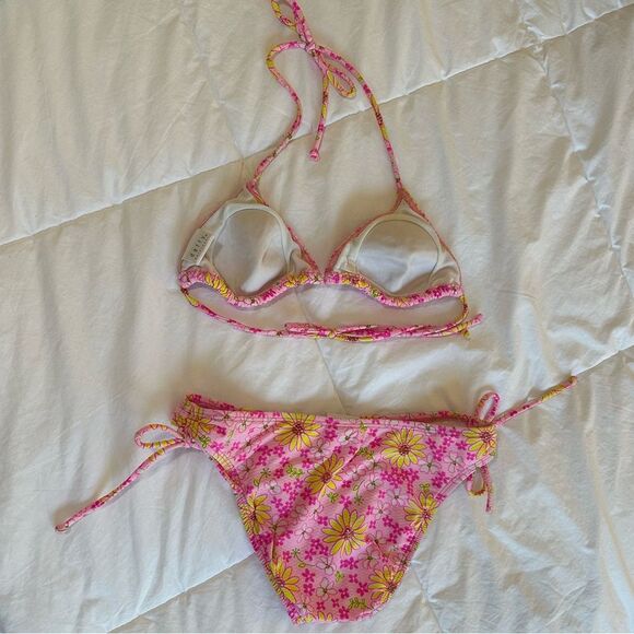 DAFFY Vintage 90s Swim Triangle Bikini, Pink & Yellow Floral - Picture 4 of 8